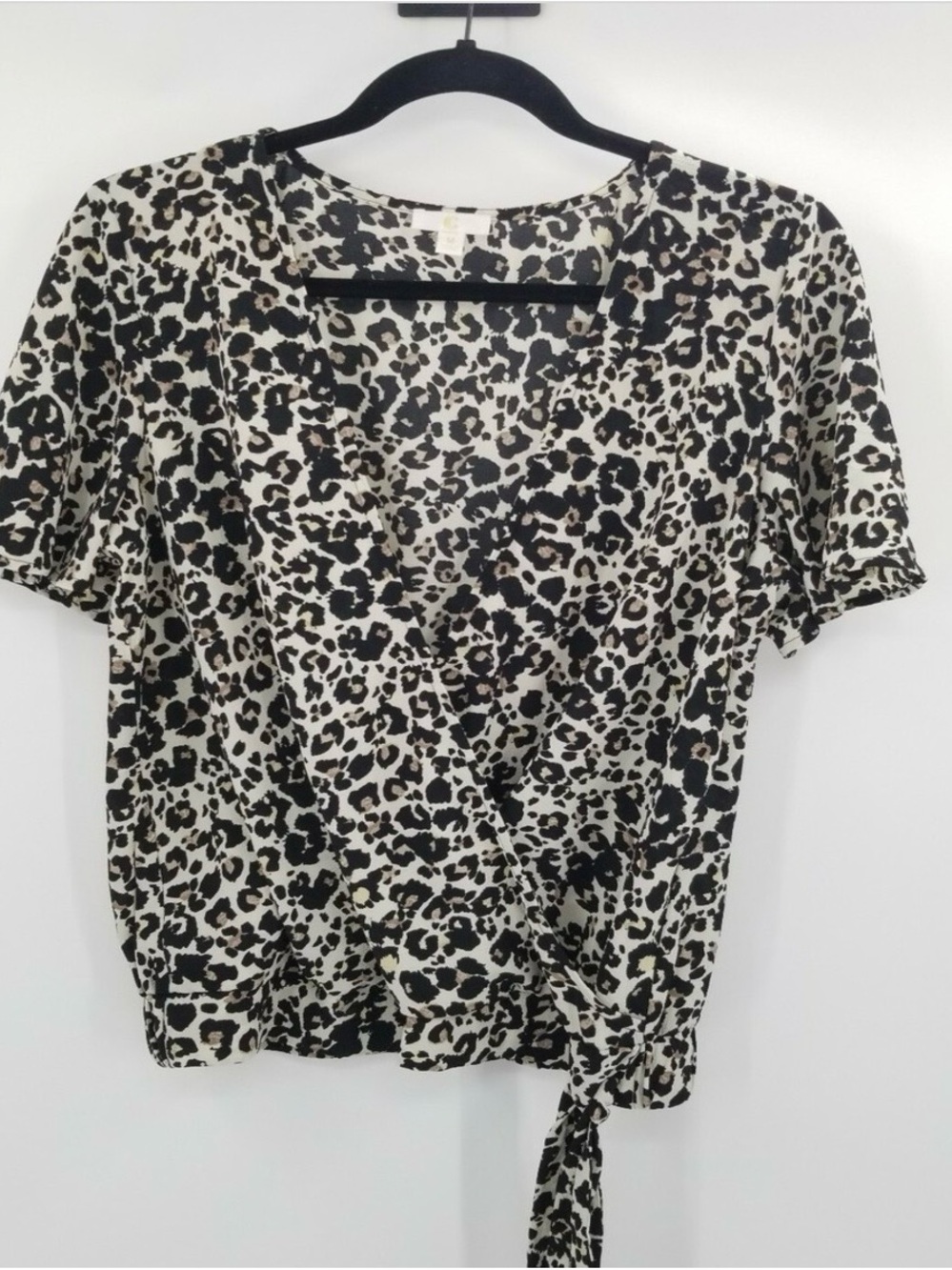 C. Wonder Black and Cream Leopard Print Faux Wrap Top